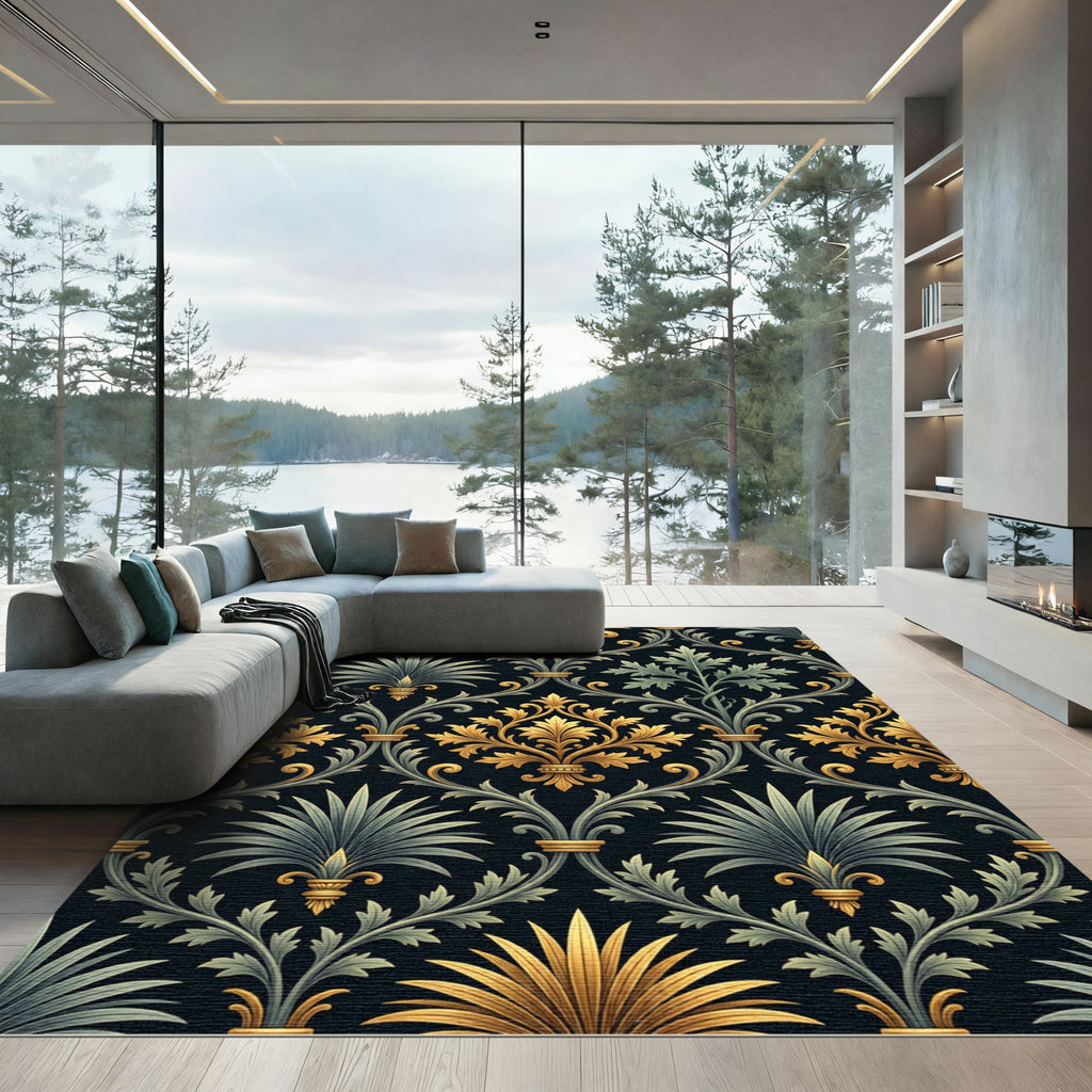 Regal Gold and Emerald Baroque Damask Rug