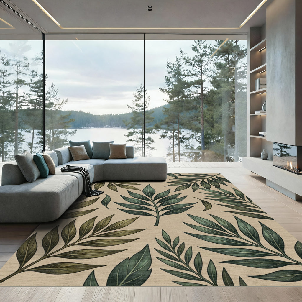 Earthy Leafy Branches Tan Background Rug