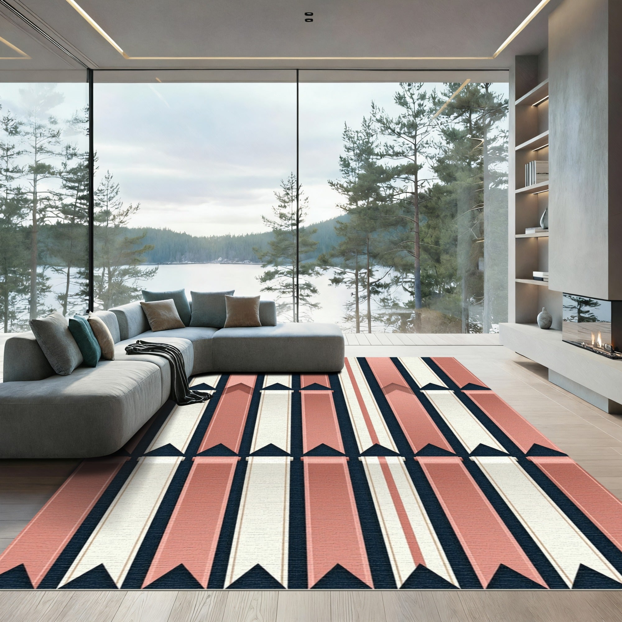 Coral White Navy Ribbon Stripes Rug