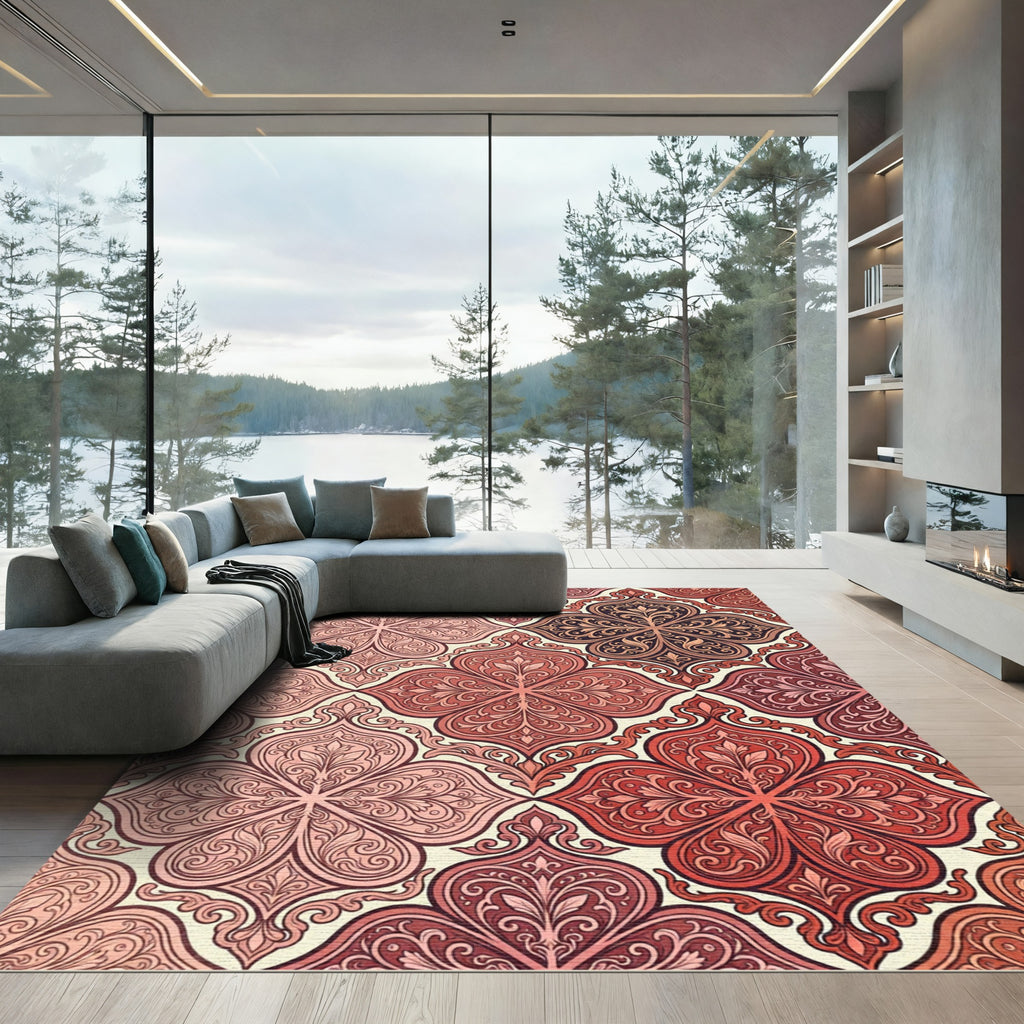 Crimson Pink Quatrefoil Damask Rug
