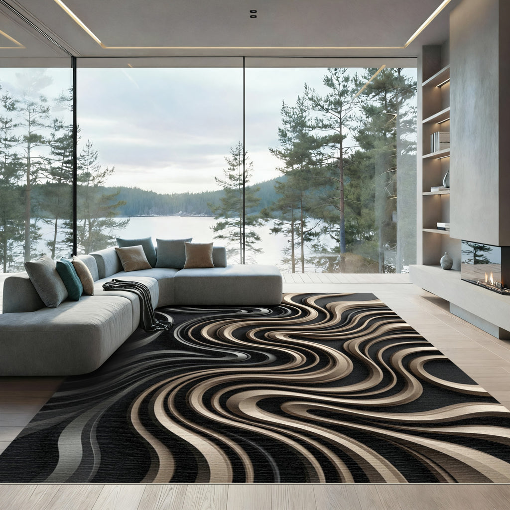 Metallic Gold Black Flowing Waves Rug