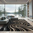 Metallic Gold Black Flowing Waves Rug
