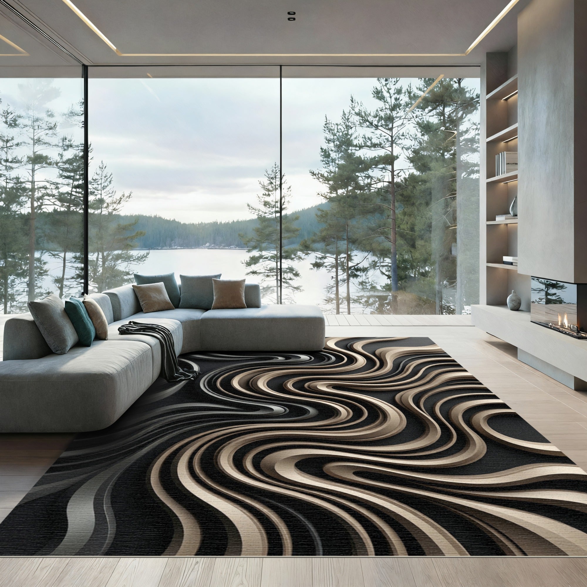Metallic Gold Black Flowing Waves Rug