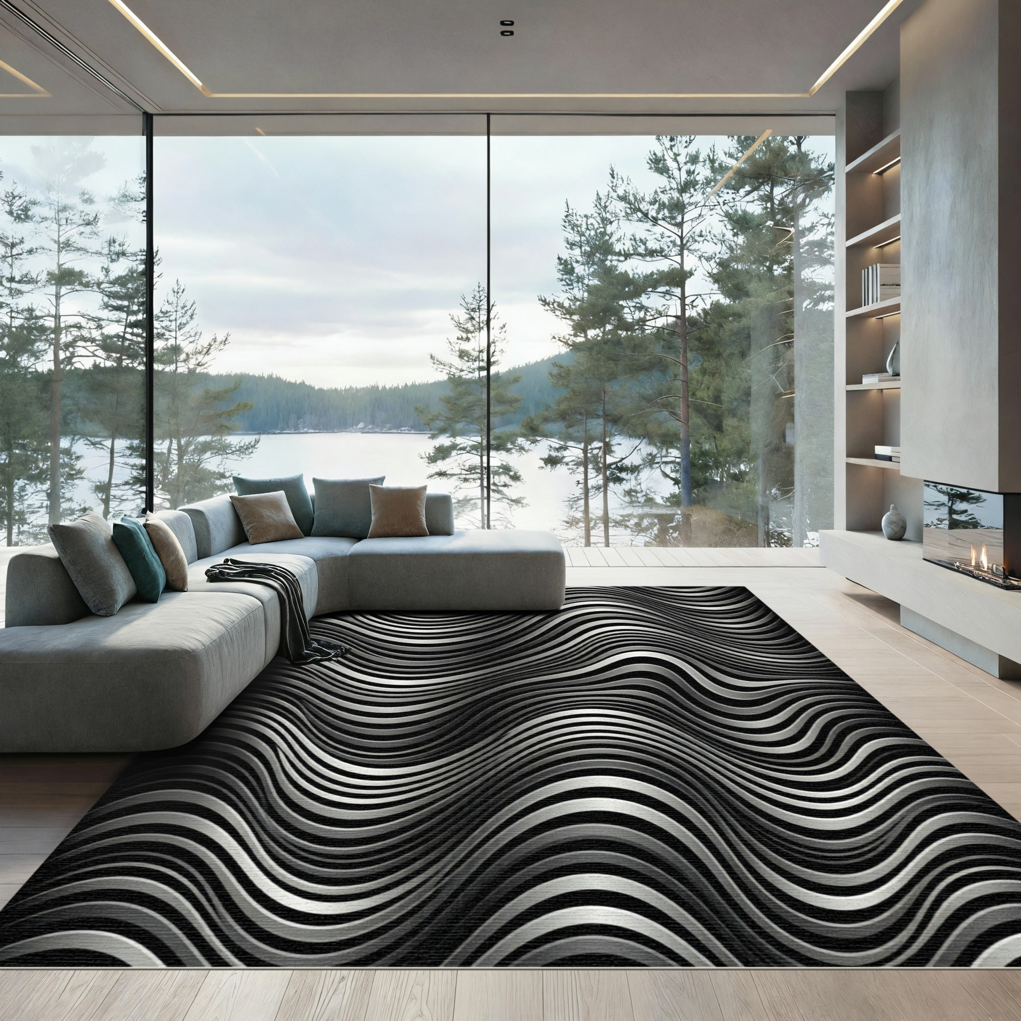 Silver Black Wavy Stripe Illusion Rug