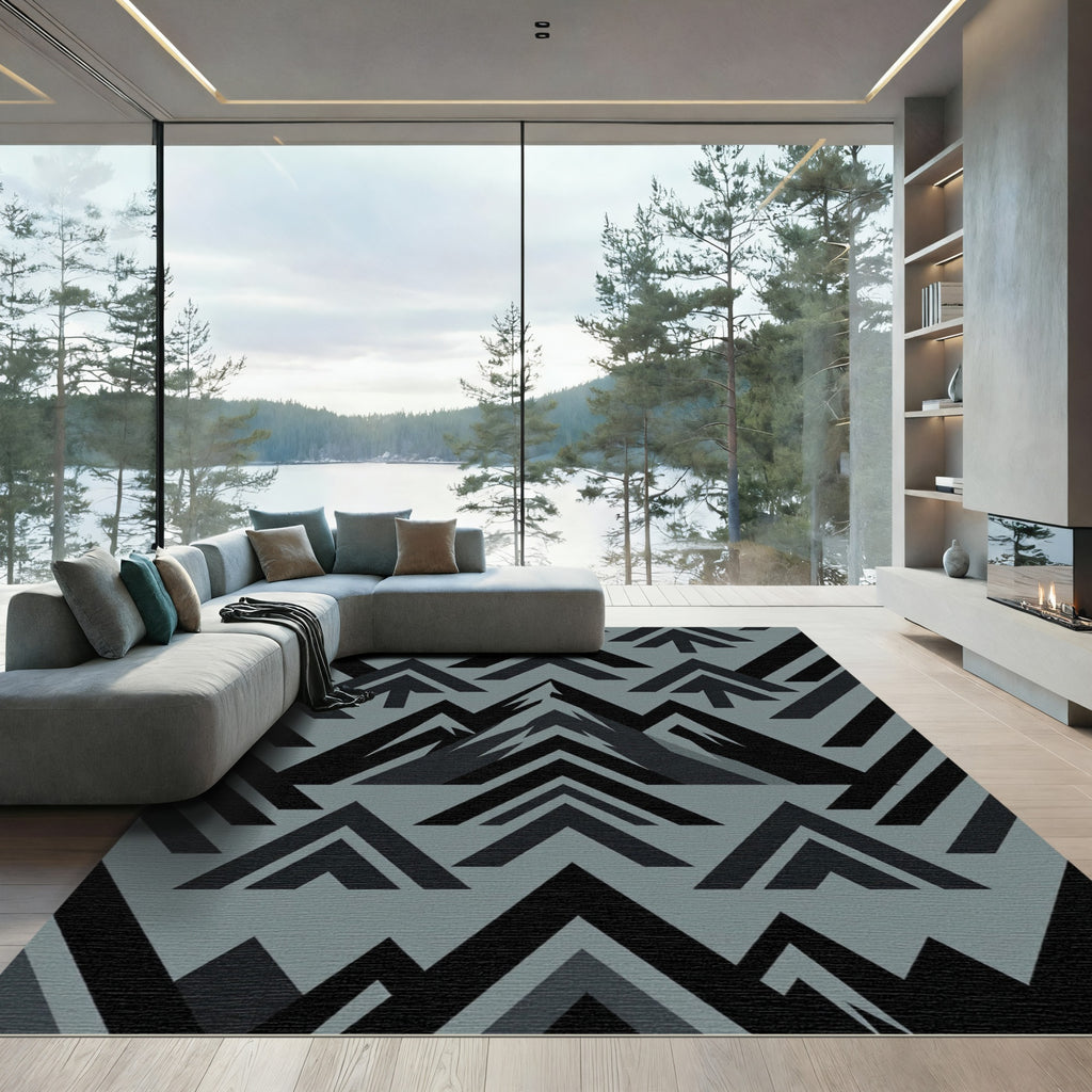 Dark Gray Geometric Mountain Peaks Rug