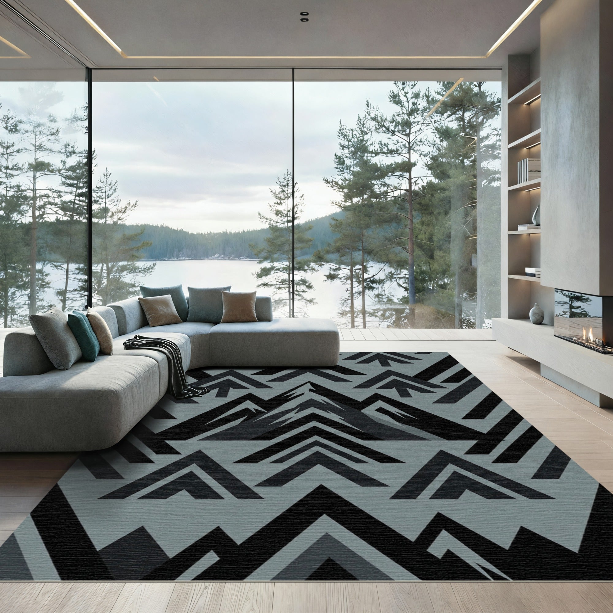 Dark Gray Geometric Mountain Peaks Rug