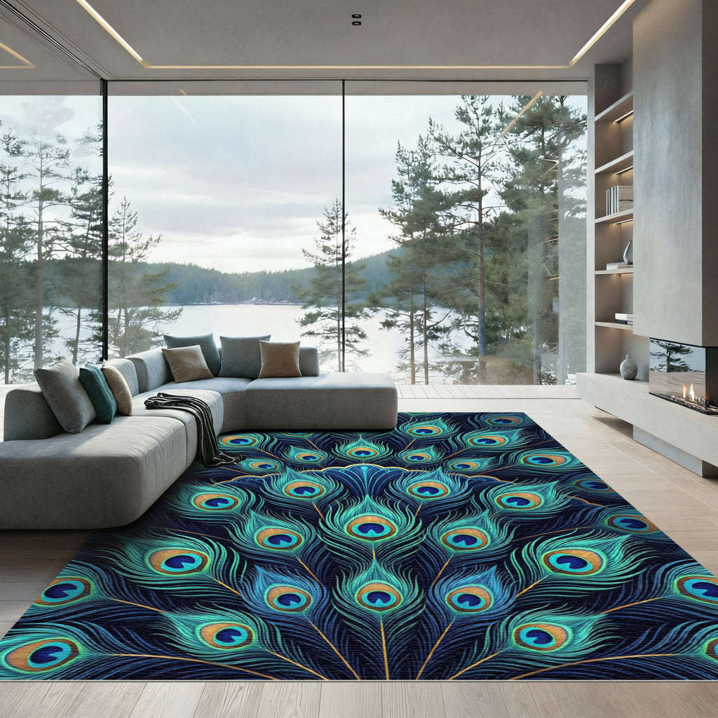 Emerald Teal Gold Peacock Feathers Rug