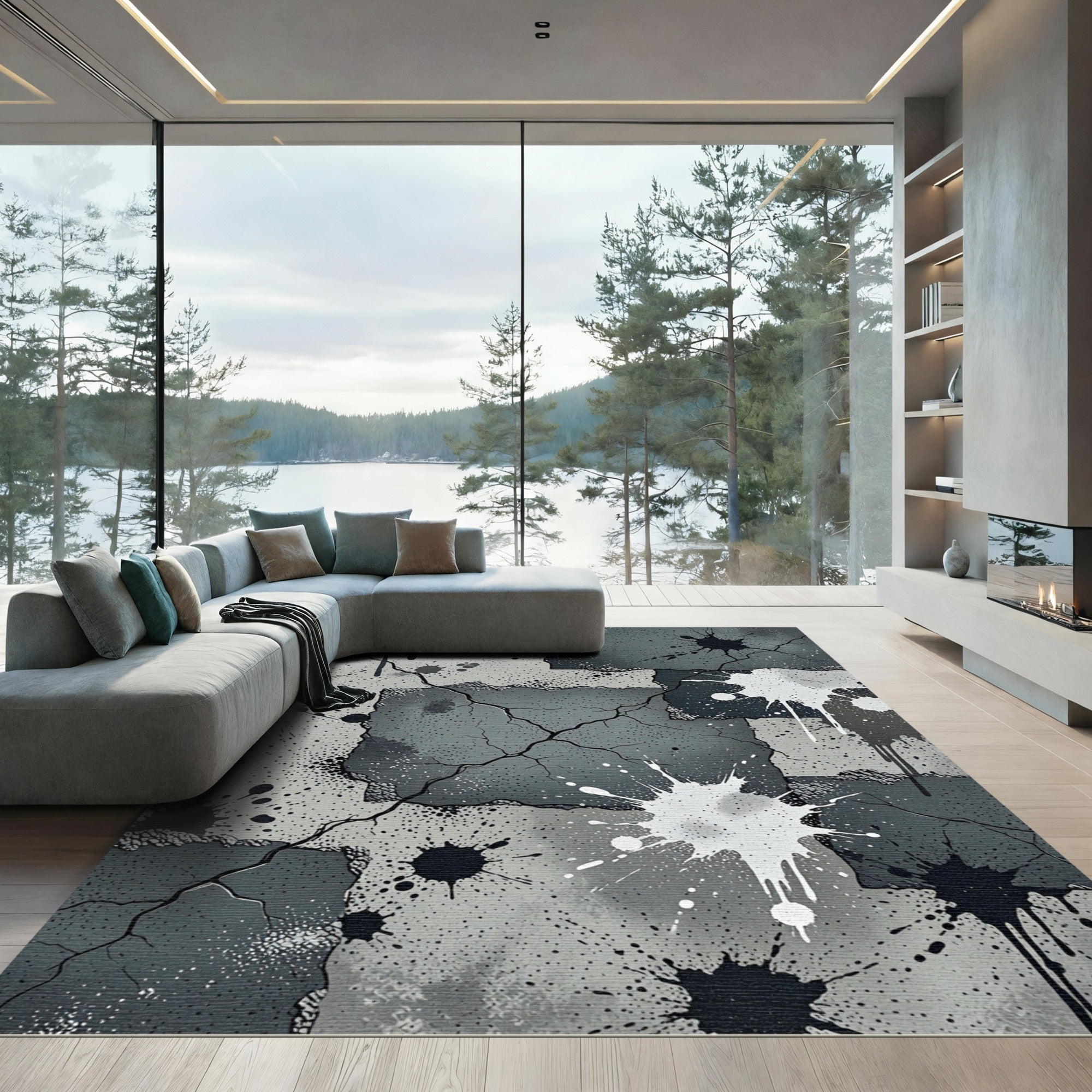 Cracked Concrete Splatter Abstract Rug