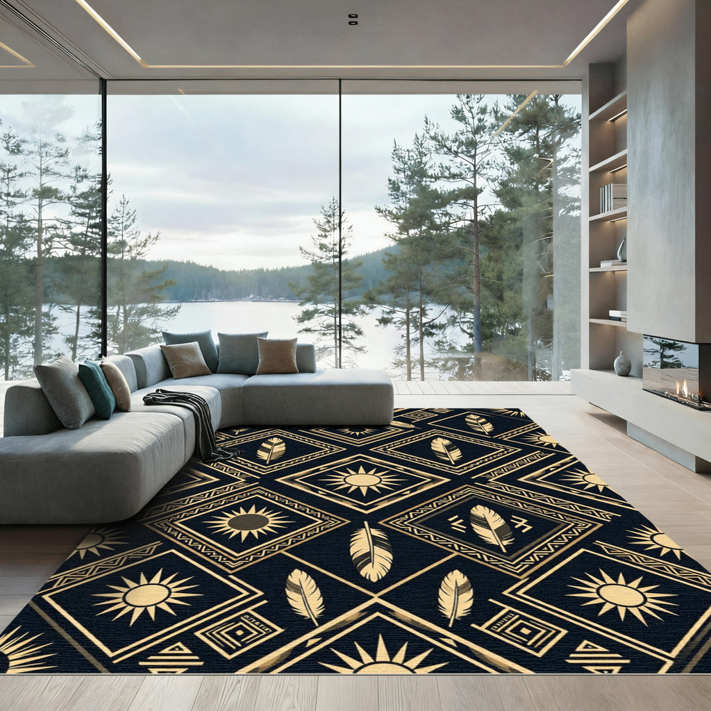 Gold Feather Sun Geometric Art Deco Rug