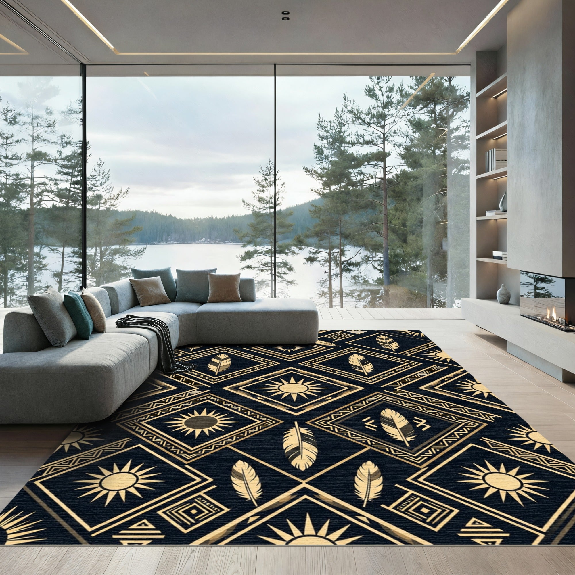 Gold Feather Sun Geometric Art Deco Rug