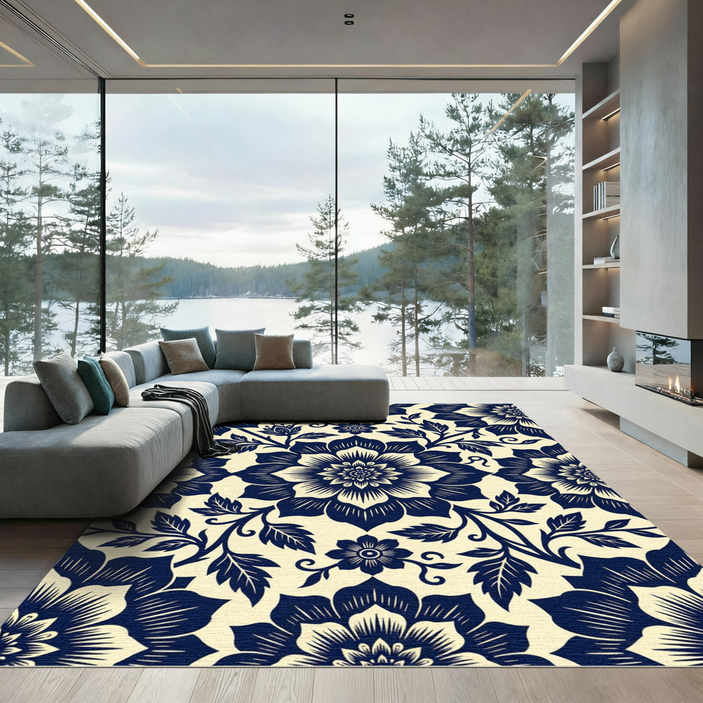 Navy Cream Floral Medallion Composition Rug