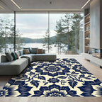 Navy Cream Floral Medallion Composition Rug
