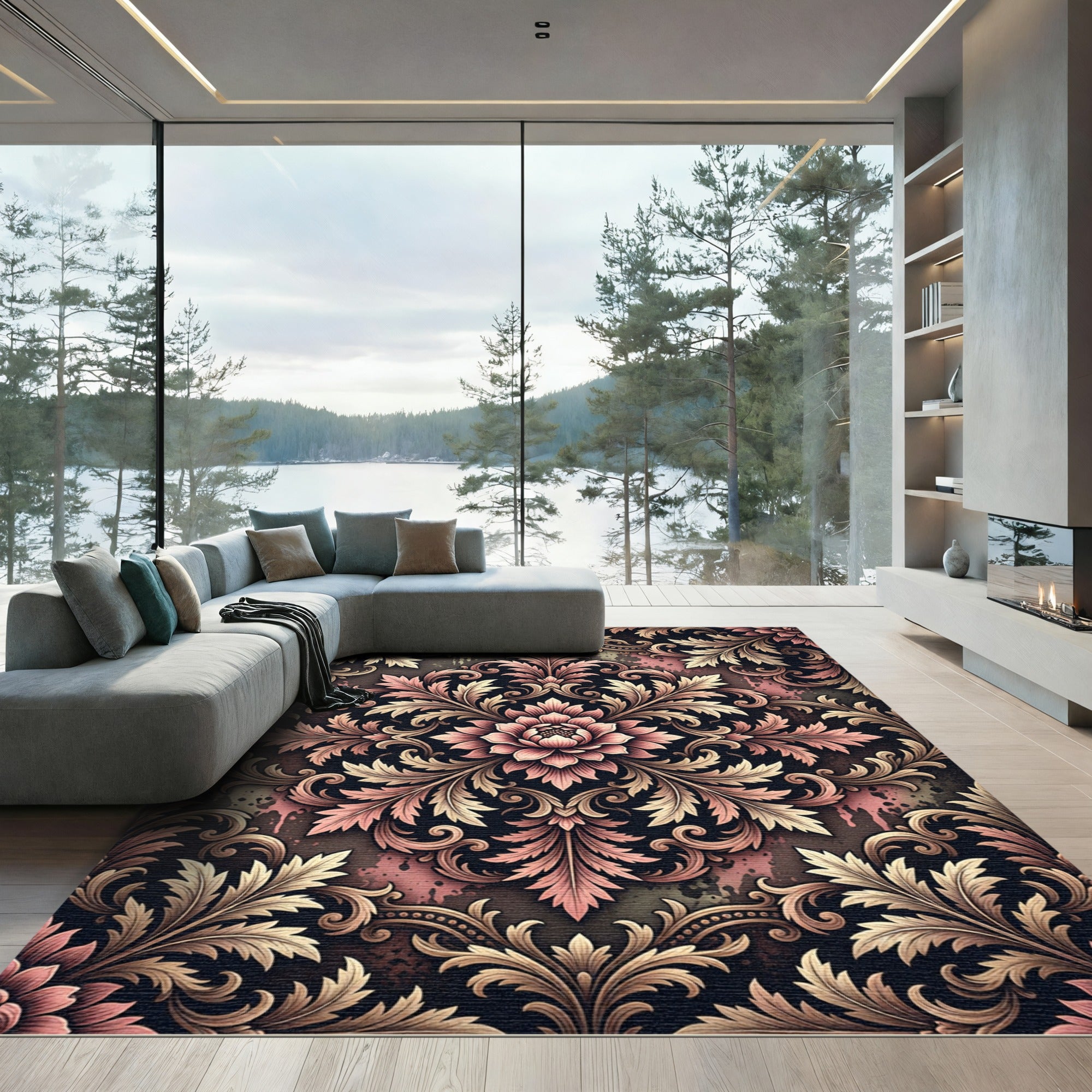 Victorian Pink Floral Scroll Medallion Rug