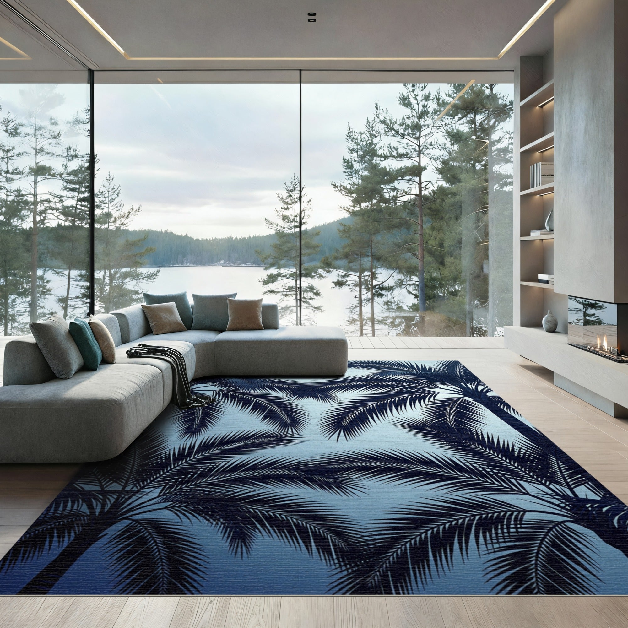Deep Blue Tropical Palm Frond Rug