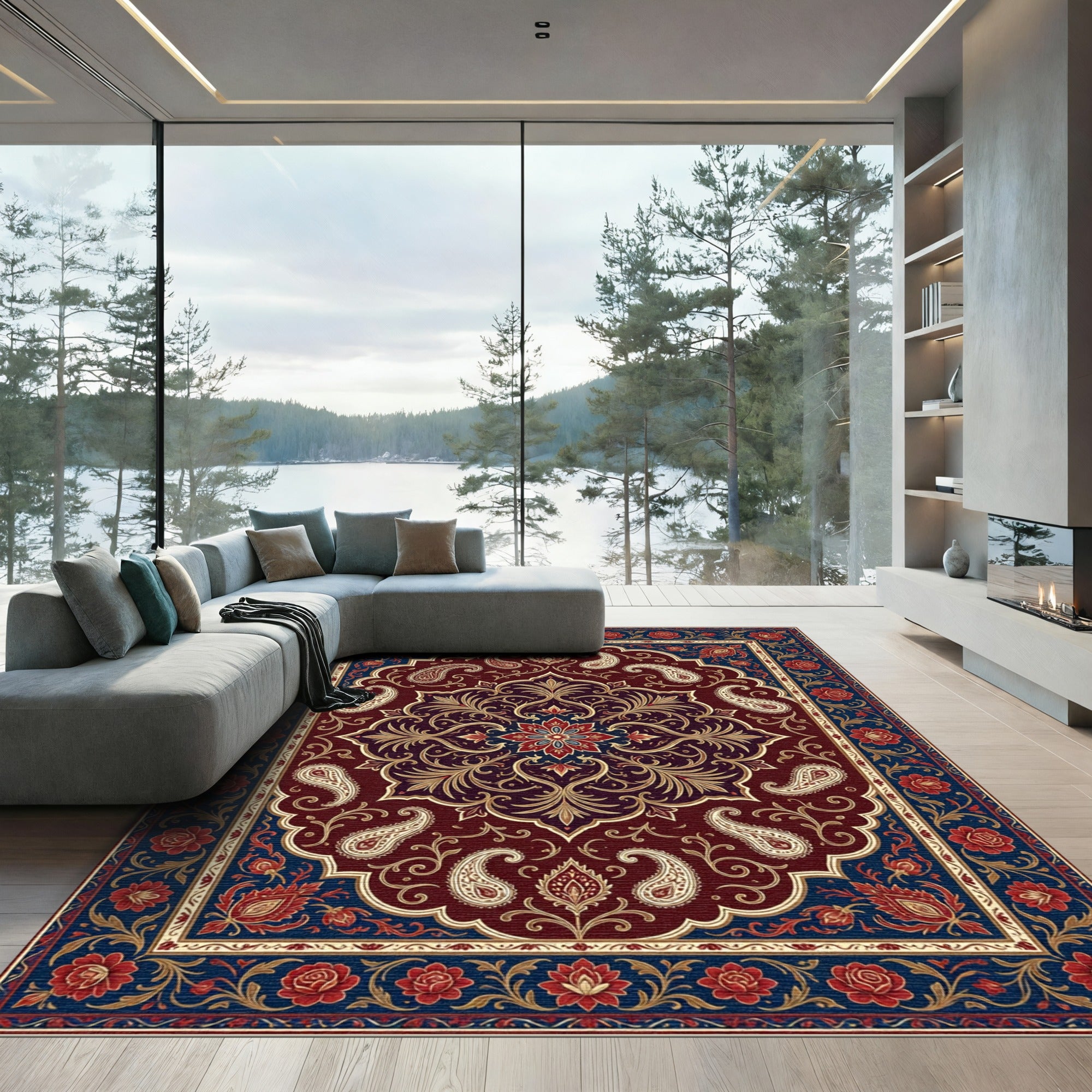 Deep Burgundy Paisley Floral Medallion Rug
