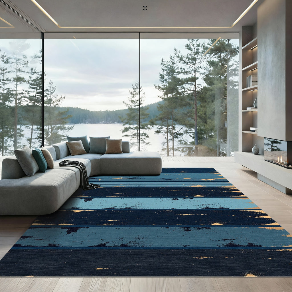 Midnight Blue Distressed Horizontal Stripe Rug
