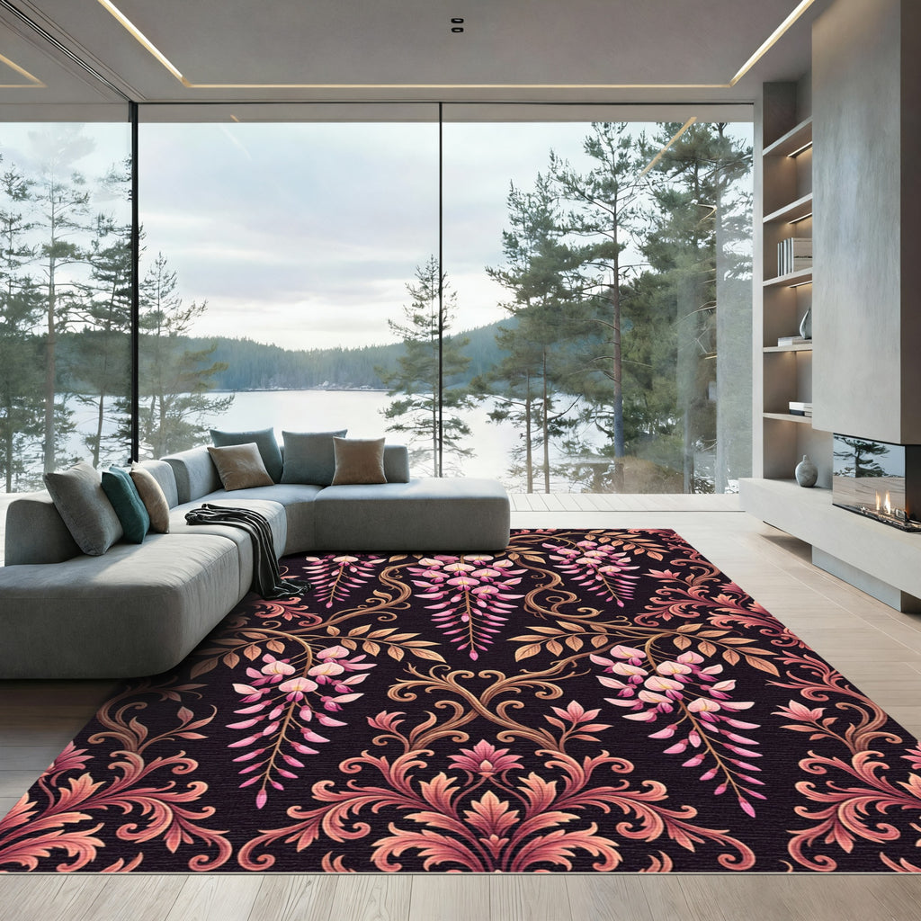 Elegant Pink Wisteria Floral Damask Rug