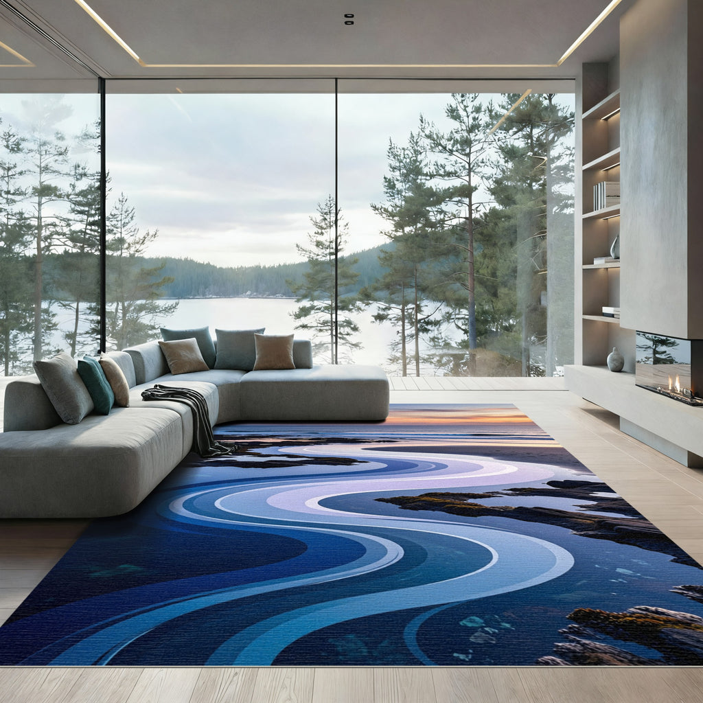 Serene Blue Wavy Coastal Horizon Rug