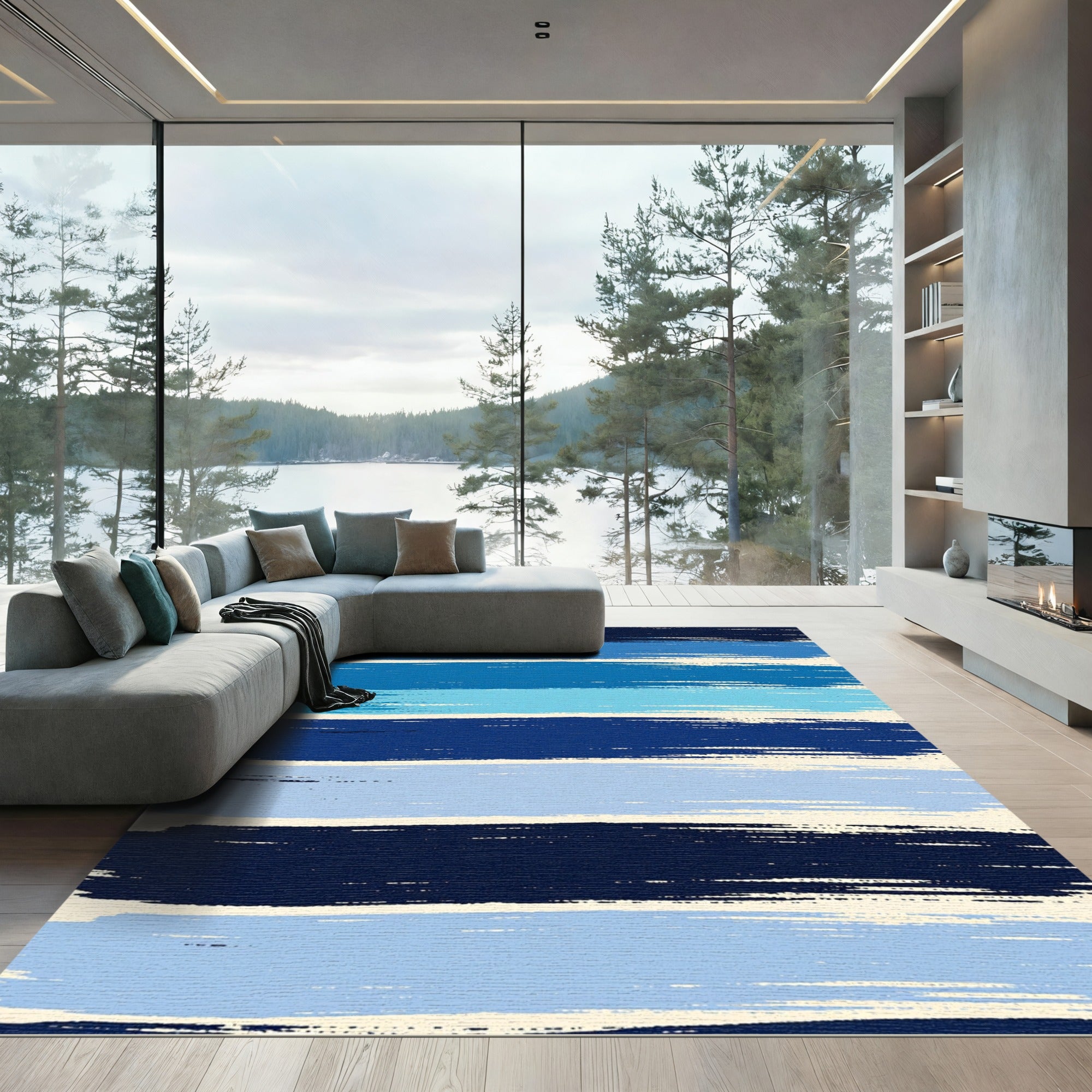 Coastal Blue Brushstroke Horizontal Stripe Rug