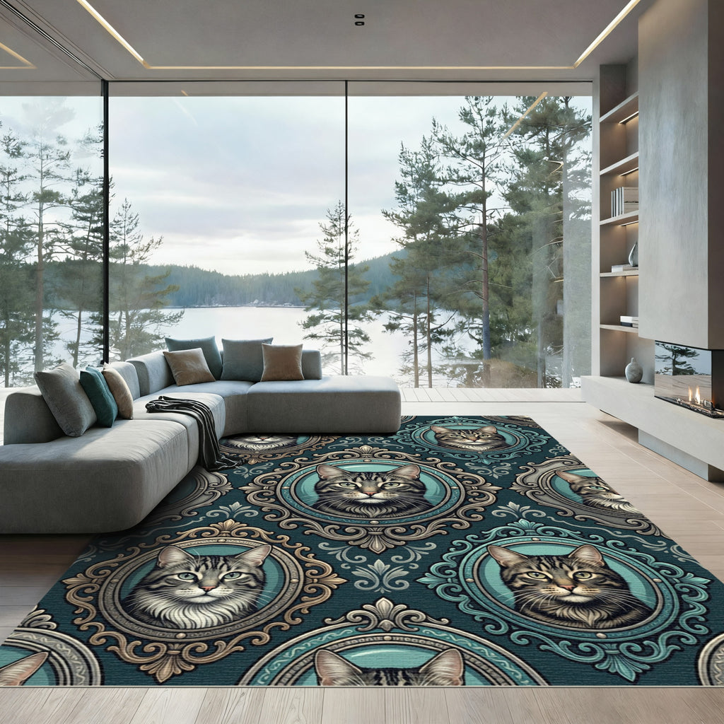 Ornate Teal Cat Portrait Frame Rug