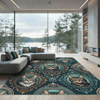 Ornate Teal Cat Portrait Frame Rug