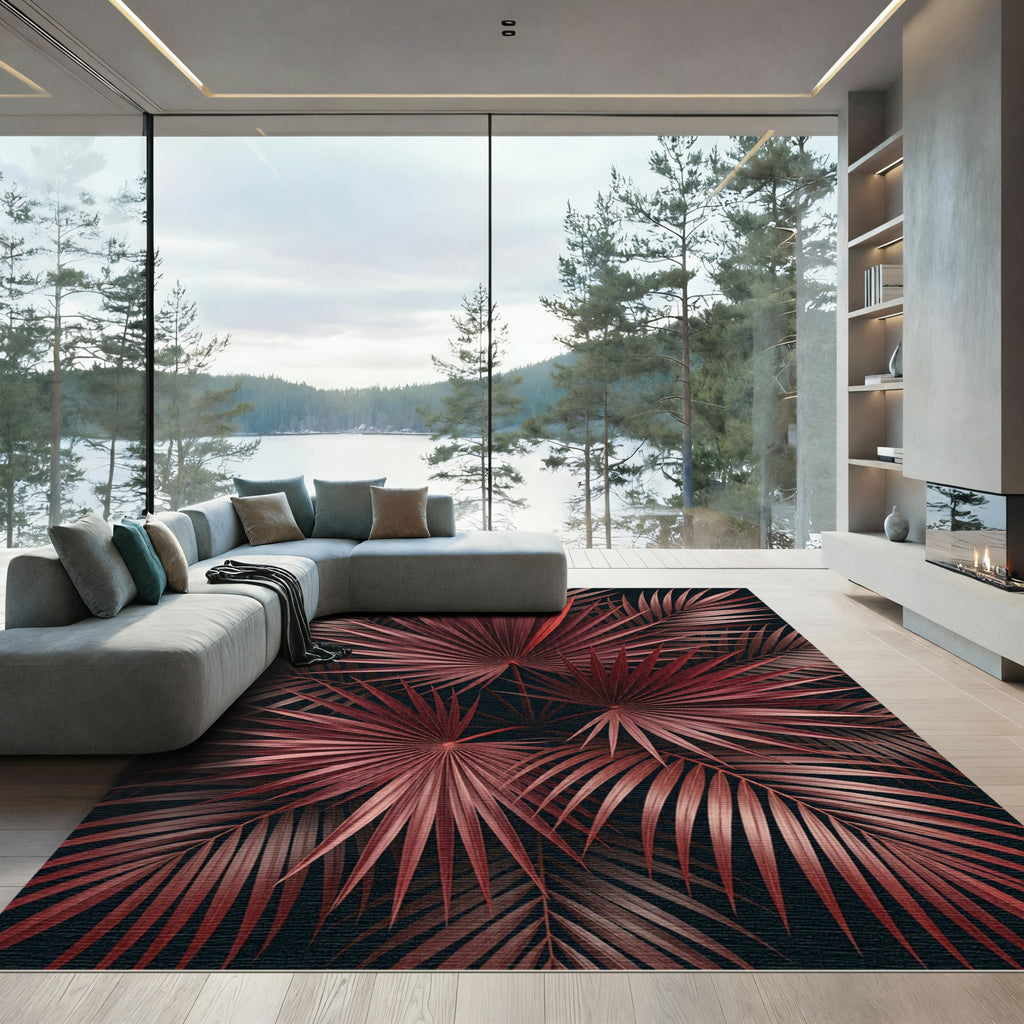 Crimson Palm Frond Cluster Rug