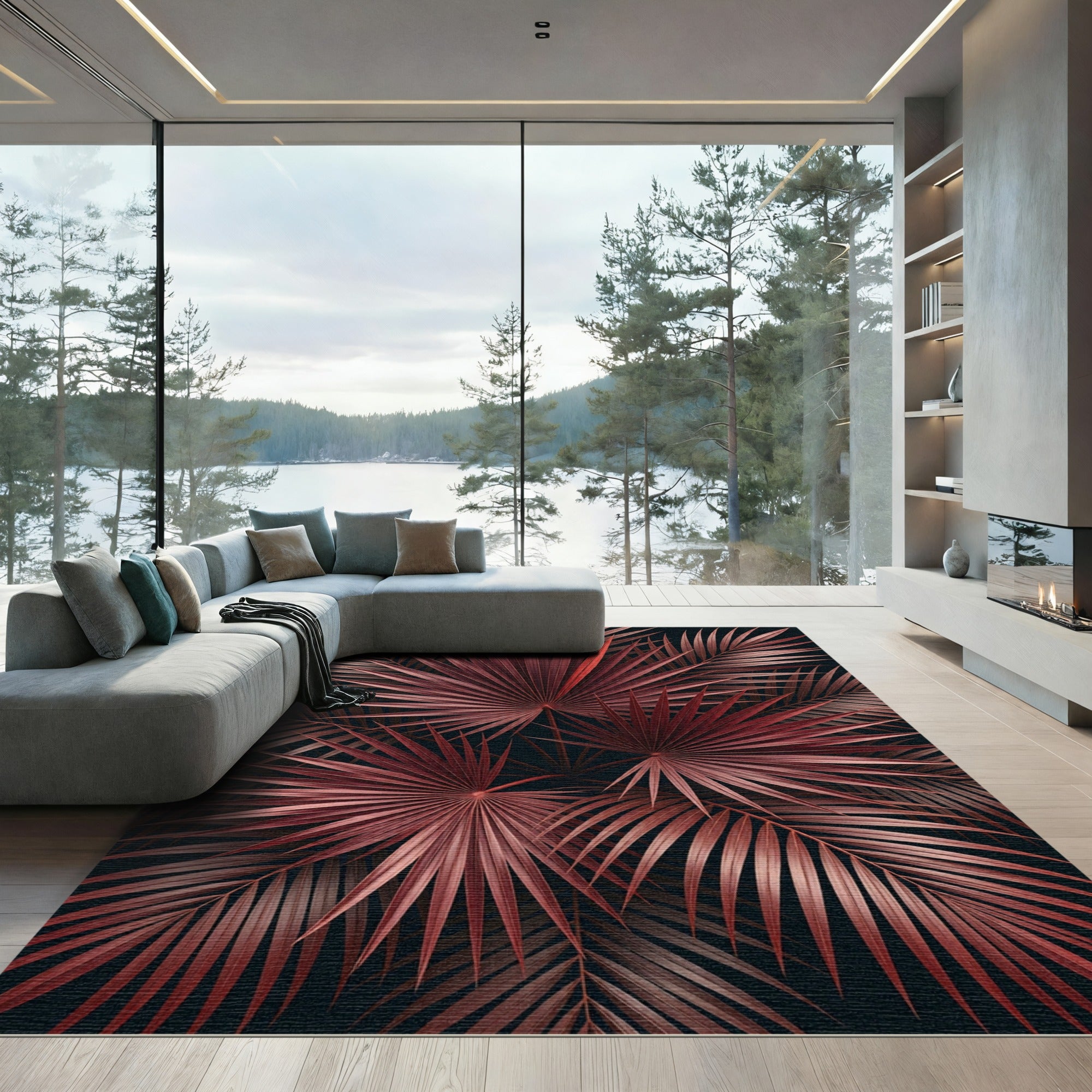 Crimson Palm Frond Cluster Rug