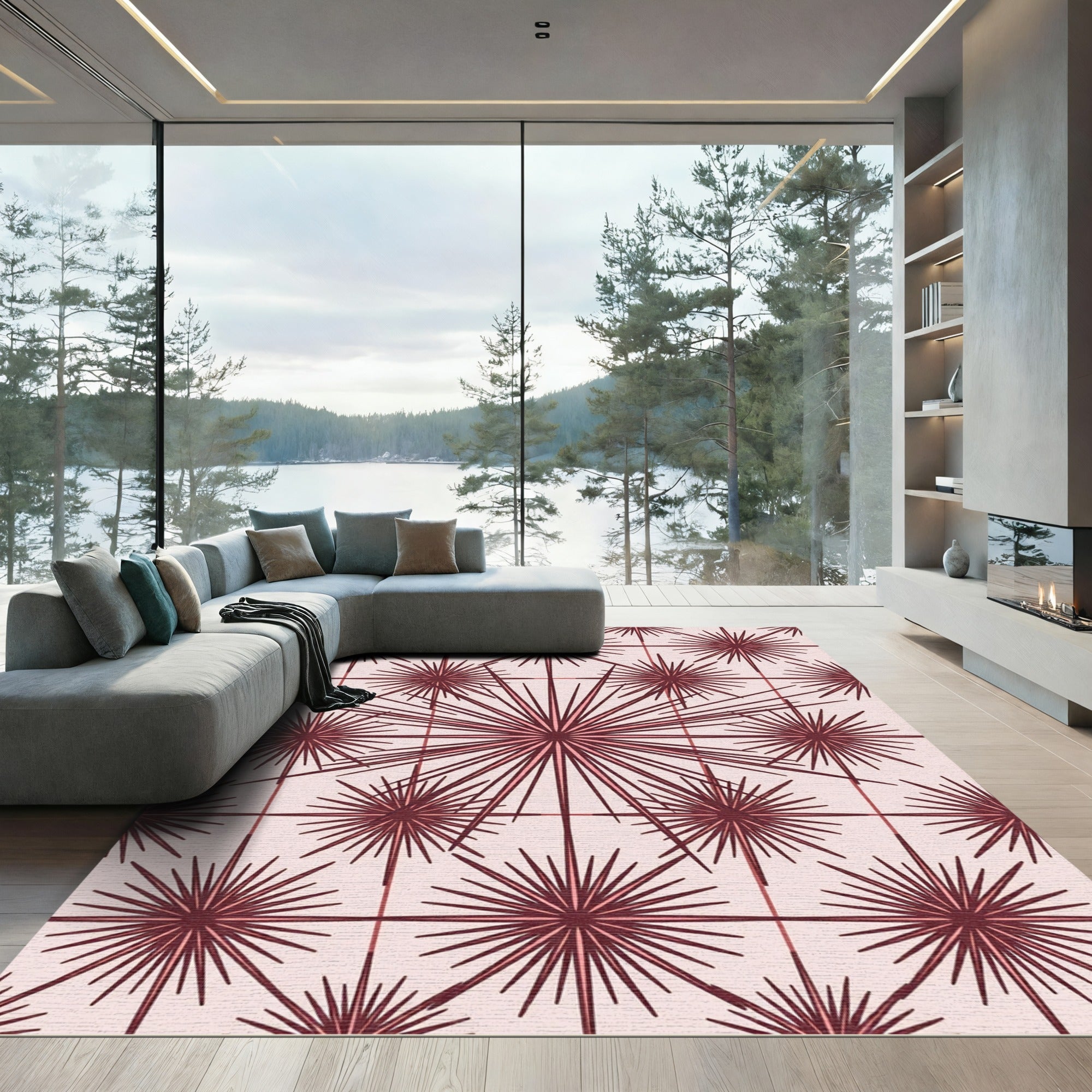 Burgundy Starburst Geometric Mid Century Rug