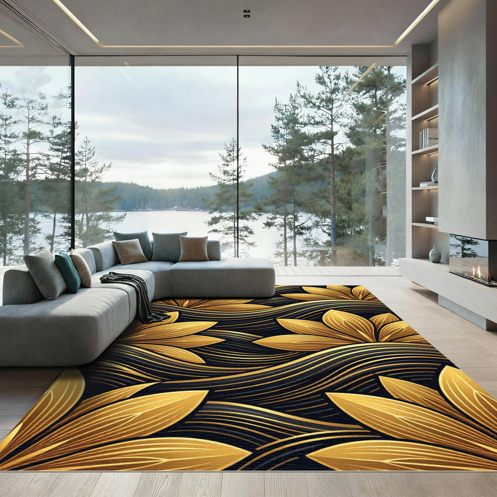 Golden Lotus Black Water Lilies Rug