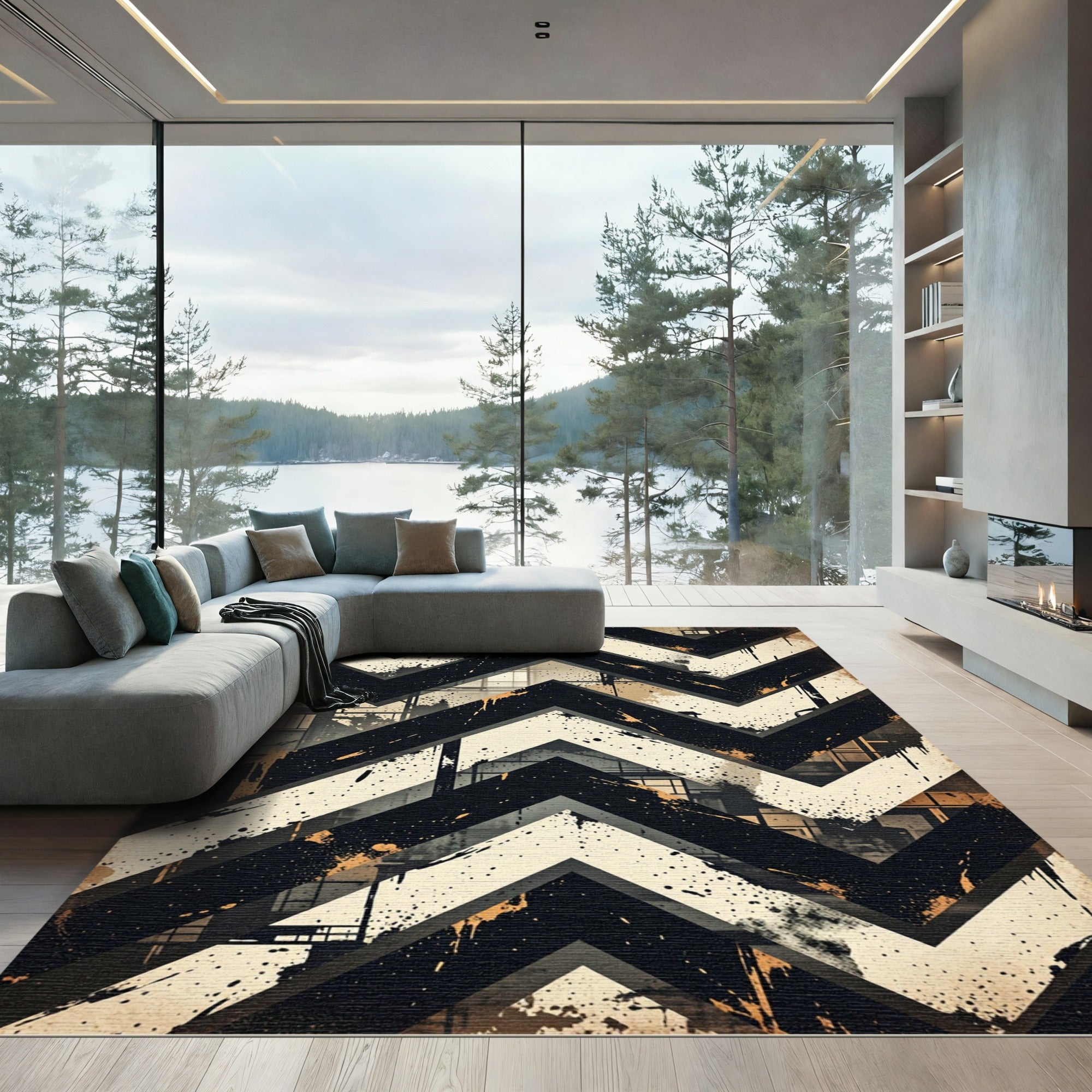 Distressed Industrial Monochrome Chevron Graphic Rug
