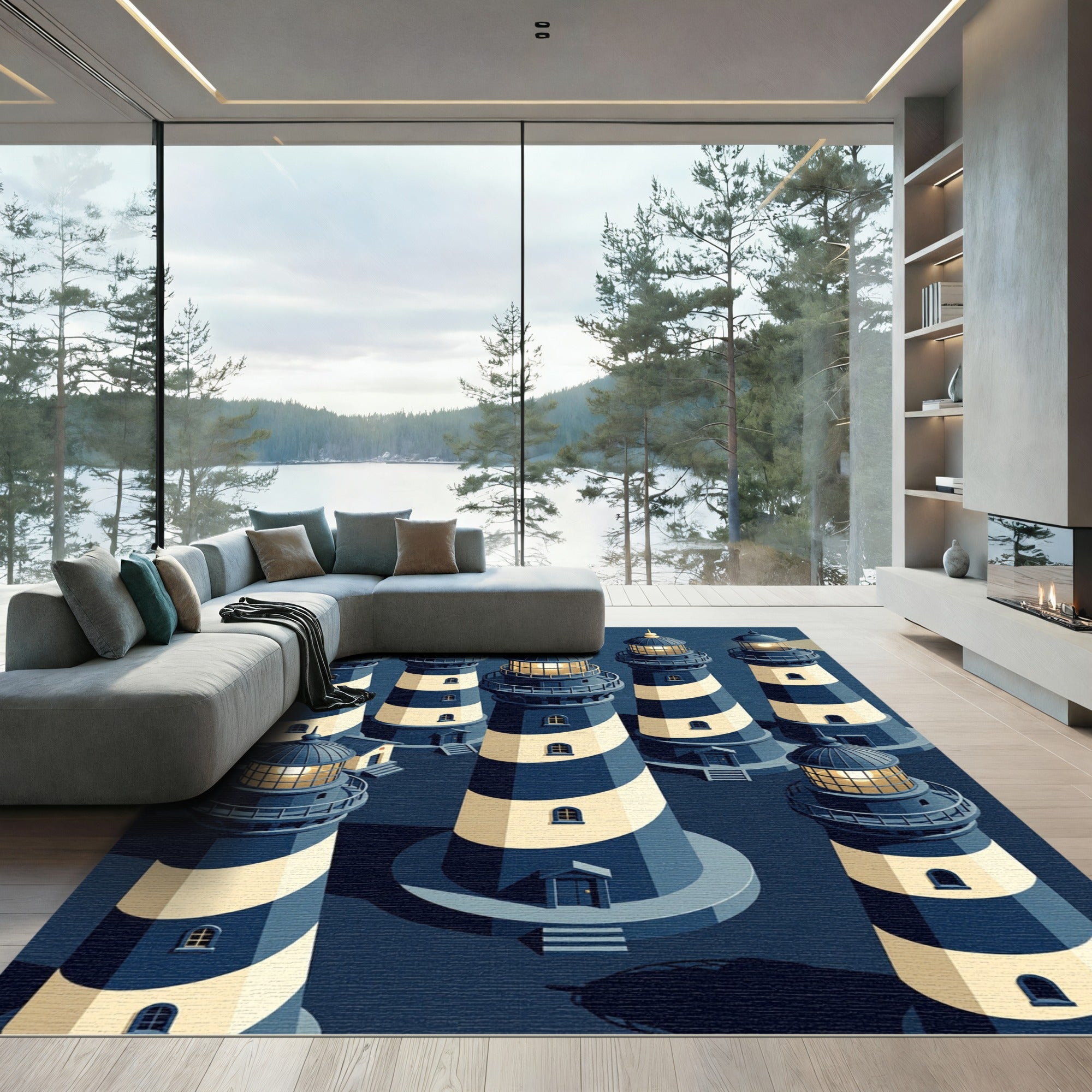 Navy Blue Striped Lighthouse Nautical Illustration Rug