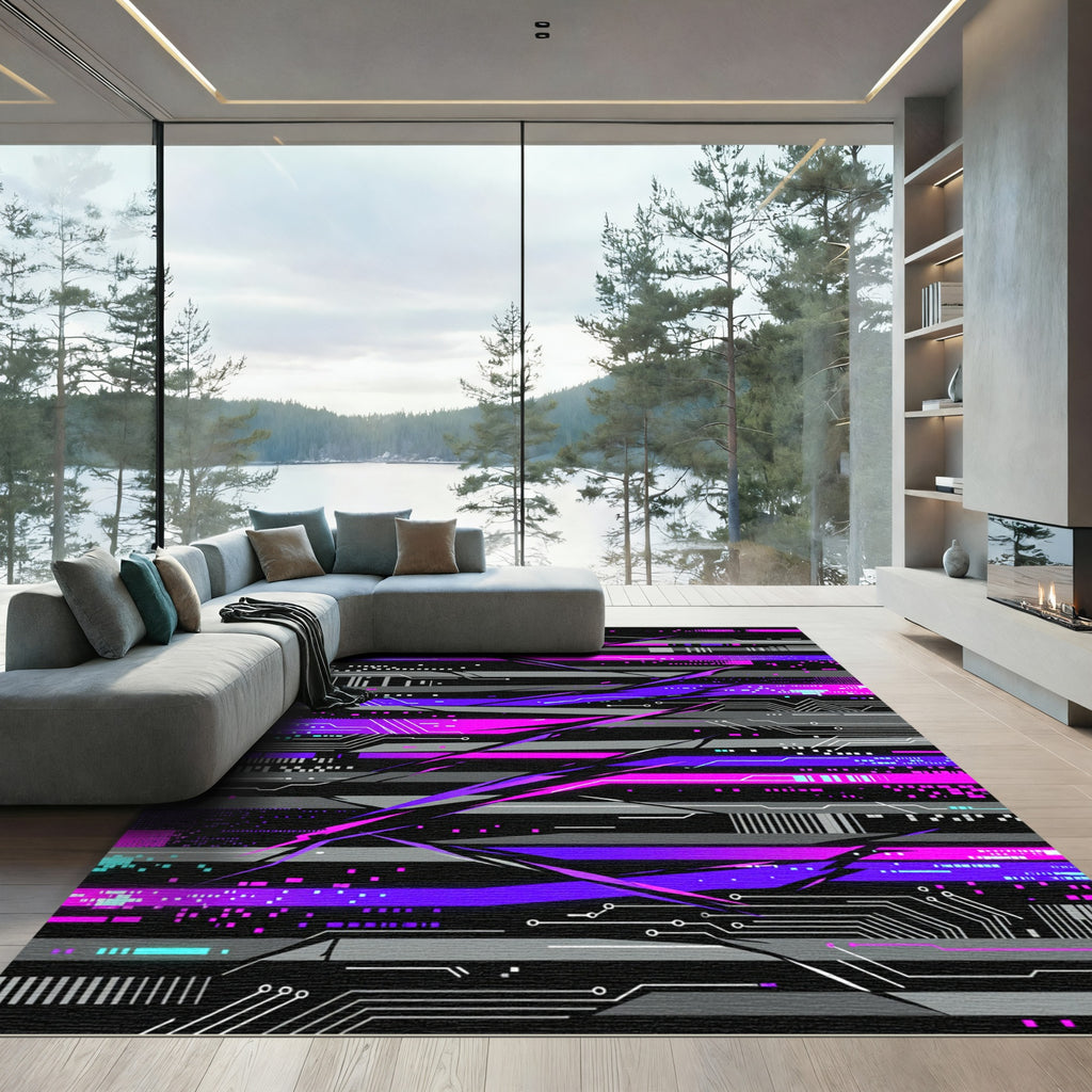 Neon Cyberpunk Abstract Digital Glitch Rug