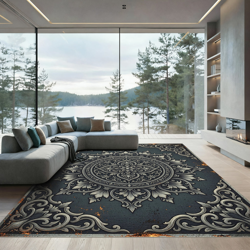 Ornate Slate Gray Floral Medallion Rug