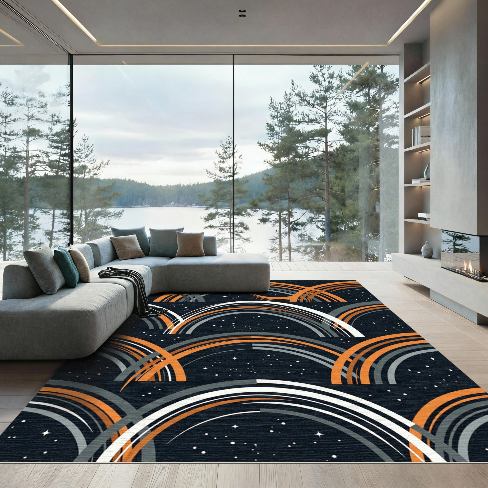 Abstract Burnt Orange Celestial Arc Rug