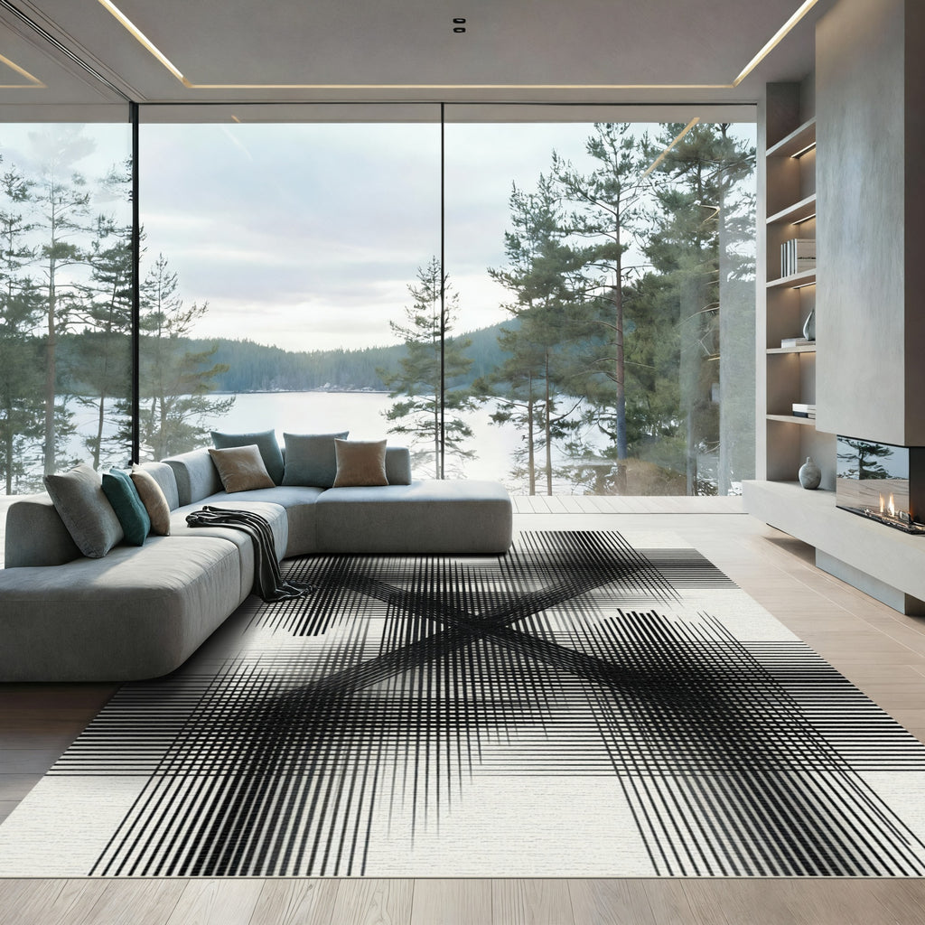 Monochromatic Abstract Intersecting Line Art Rug