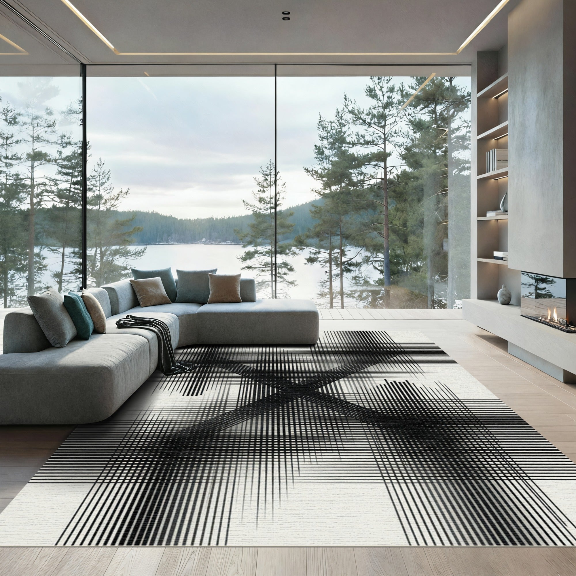 Monochromatic Abstract Intersecting Line Art Rug