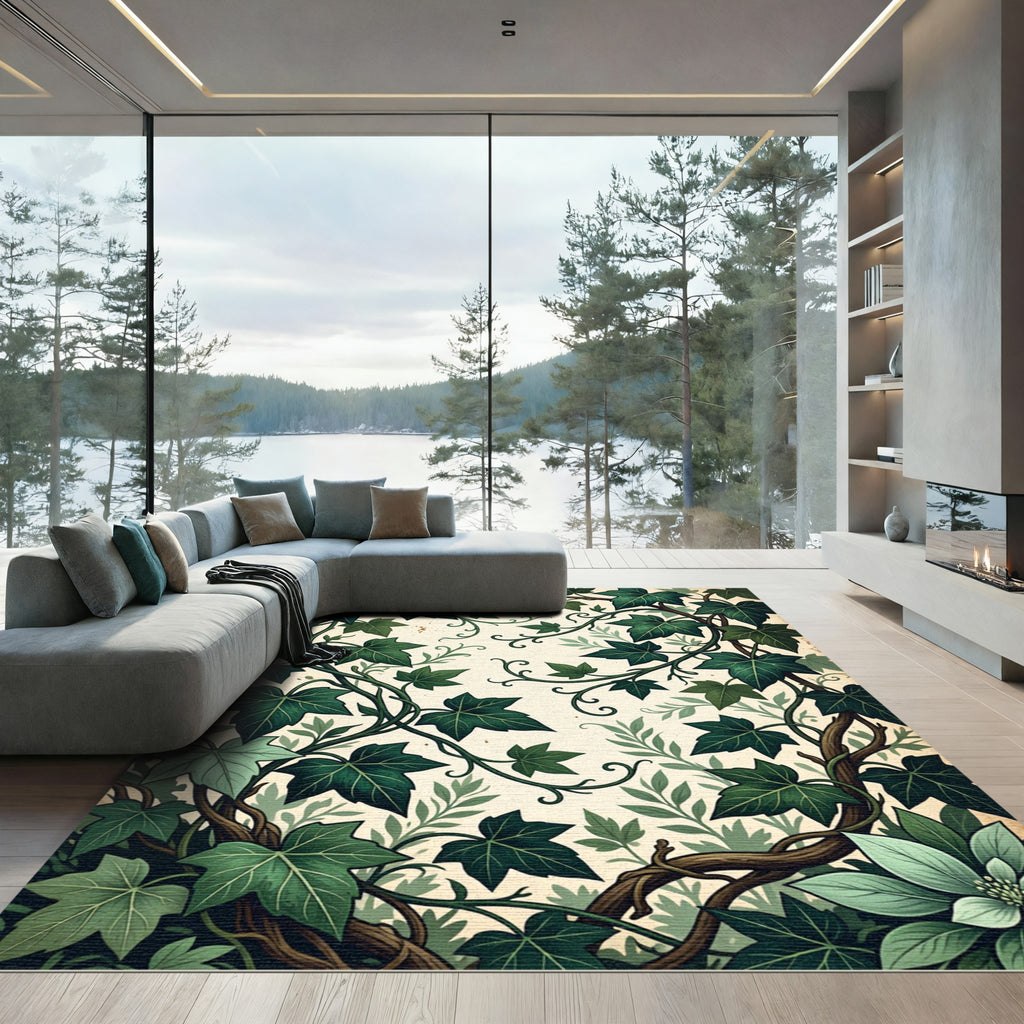 Lush Green Botanical Ivy Vine Garden Rug