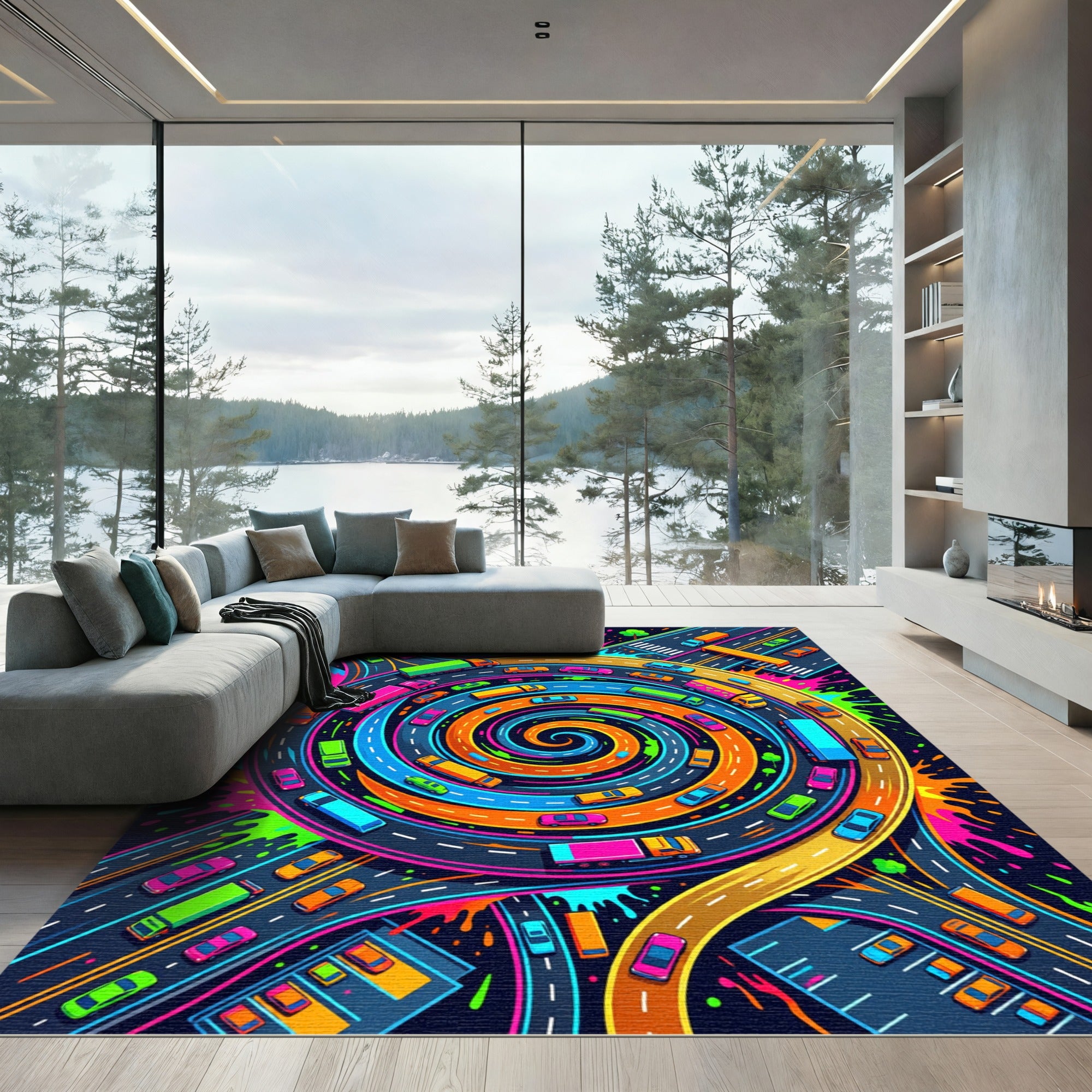 Vibrant Neon Spiral Roadway Pop Art Rug