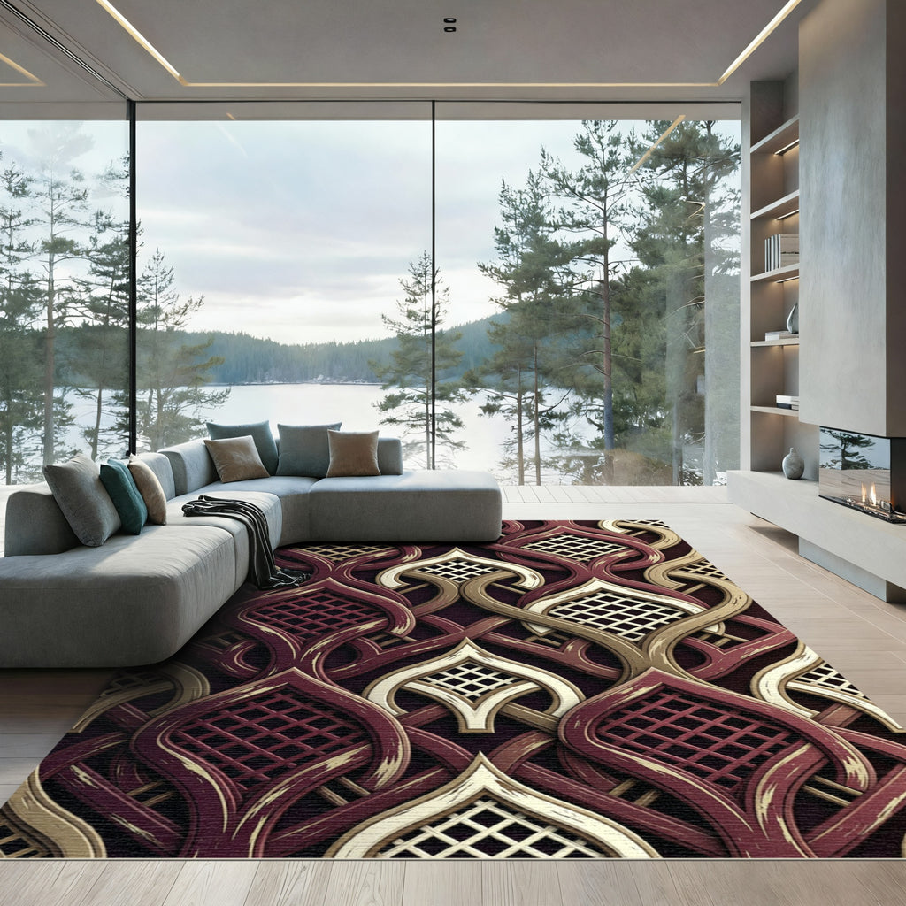 Intricate Crimson Gold Lattice Scroll Rug