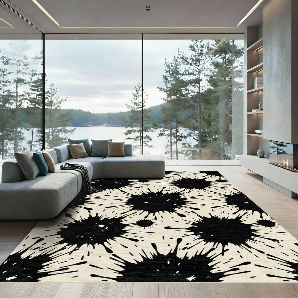 Monochromatic Black Ink Splatter Abstract Rug