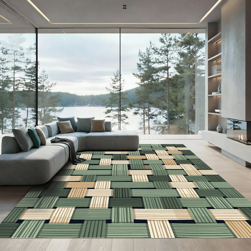 Sage and Tan Woven Basket Tile Rug