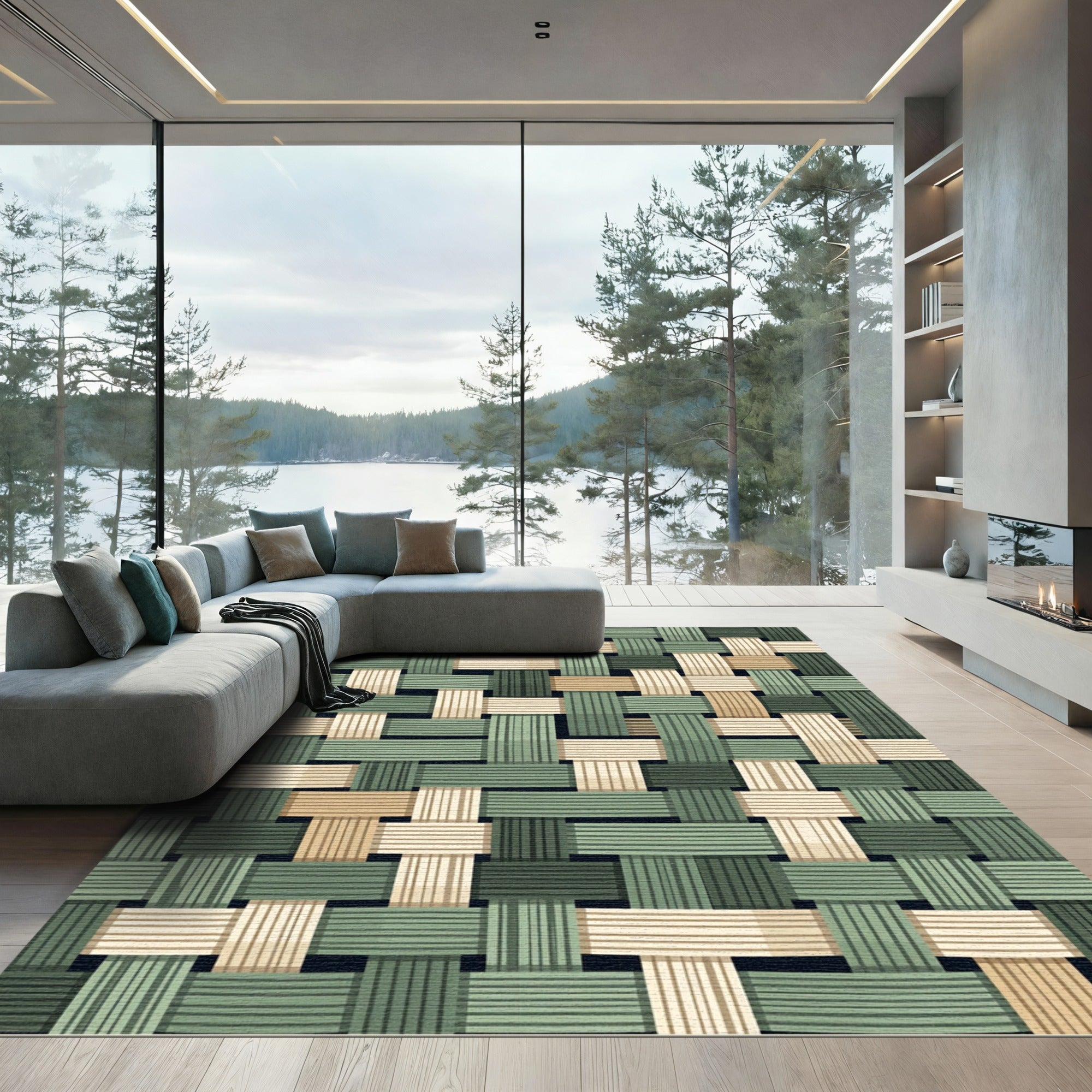 Sage and Tan Woven Basket Tile Rug