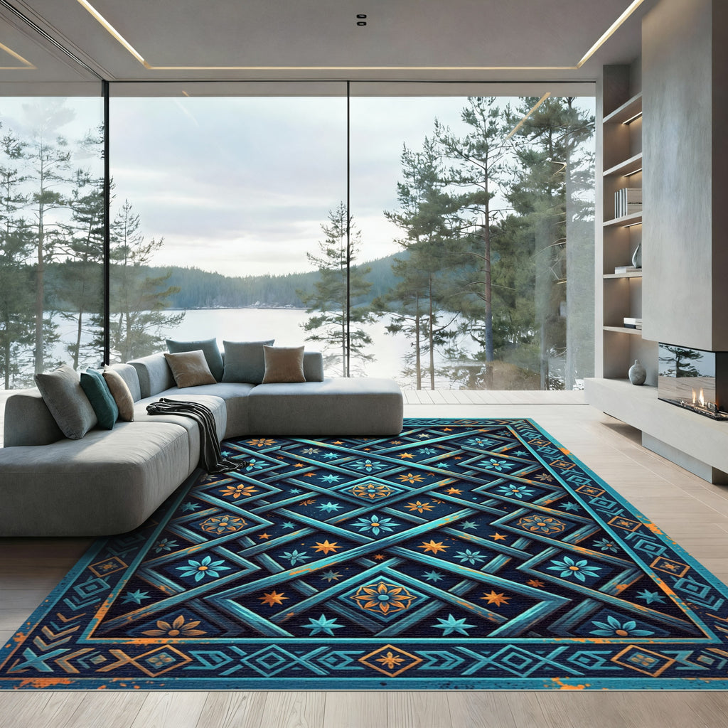 Ornate Teal Celestial Lattice Area Rug
