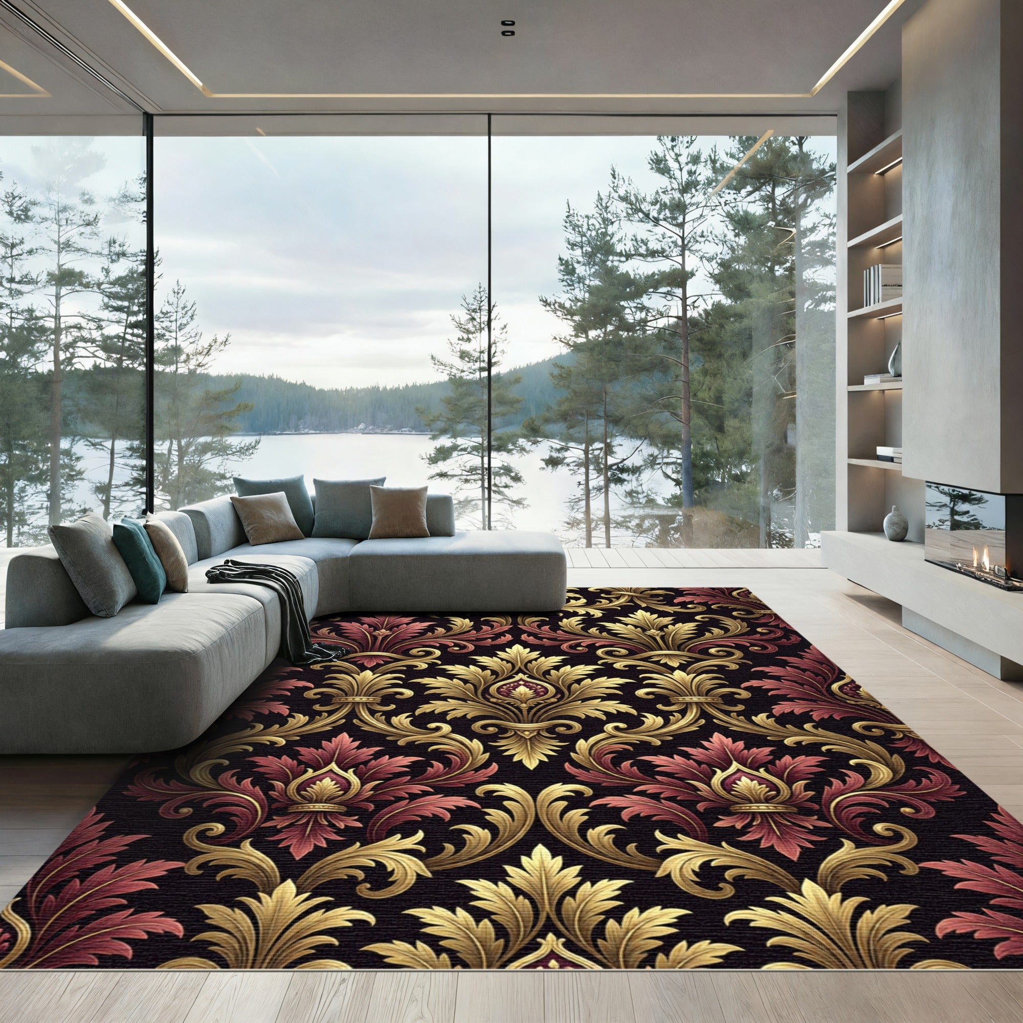 Ornate Damask Gold and Burgundy Foliage Rug