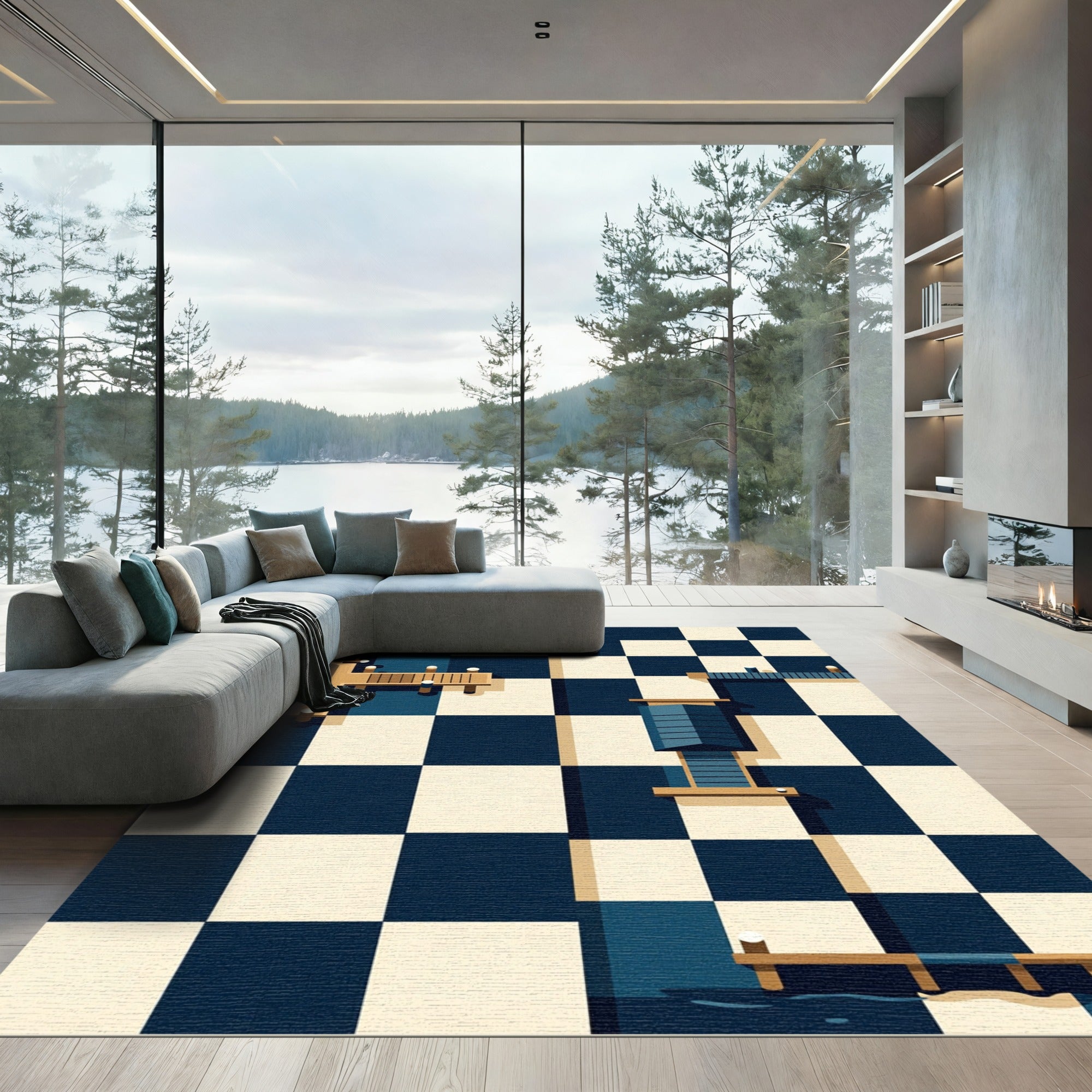 Geometric Navy and Cream Dockscape Rug