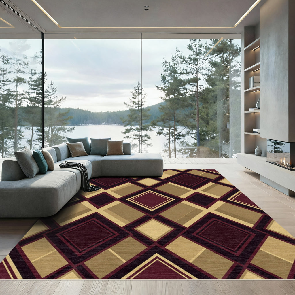 Elegant Maroon and Gold Argyle Geometry Rug