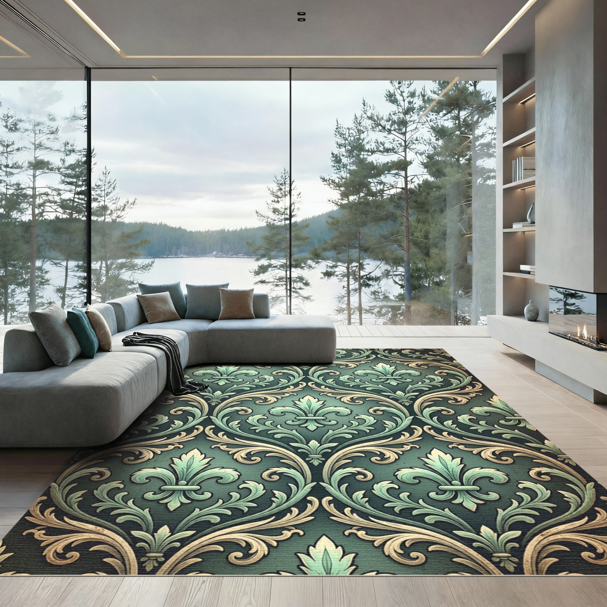 Elegant Green Fleur-de-lis Damask Ornament Rug