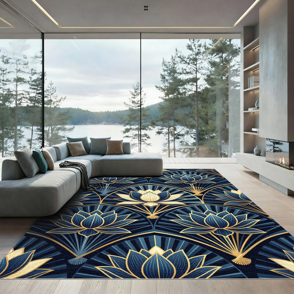Art Deco Golden Lotus Navy Tile Rug