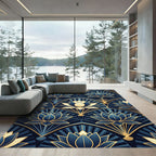 Art Deco Golden Lotus Navy Tile Rug