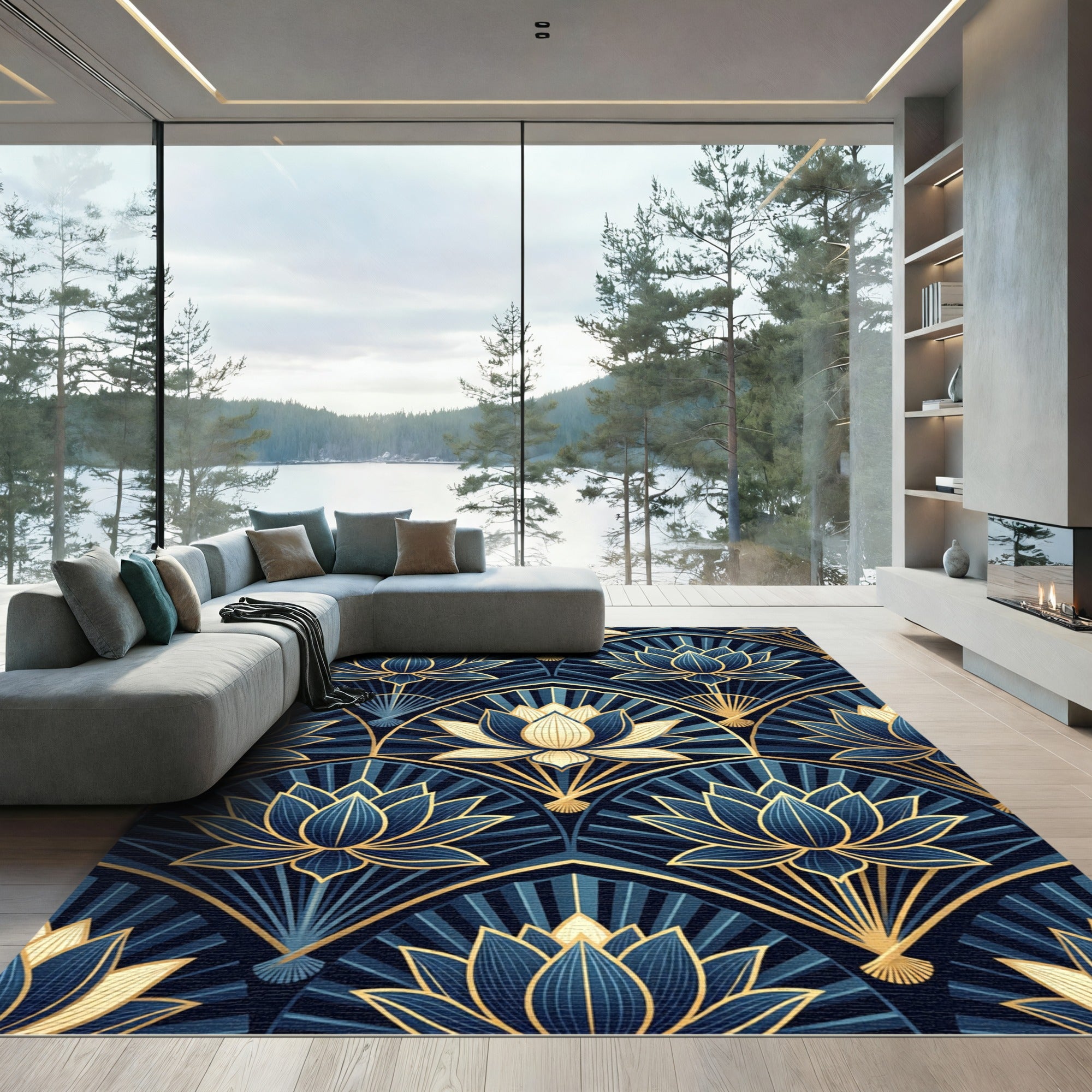 Art Deco Golden Lotus Navy Tile Rug